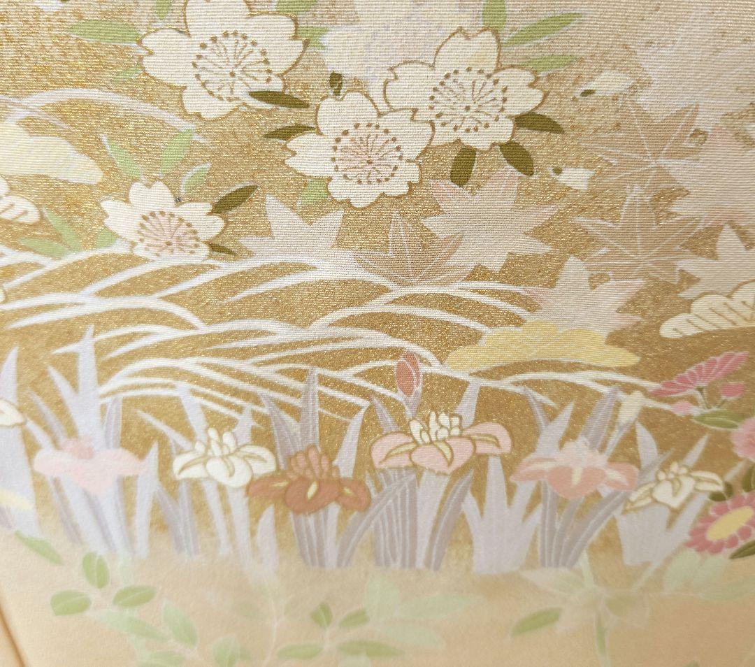 トールサイズ訪問着4点フルセット、着物、袋帯、帯締め、帯揚げ、 ベージュ系