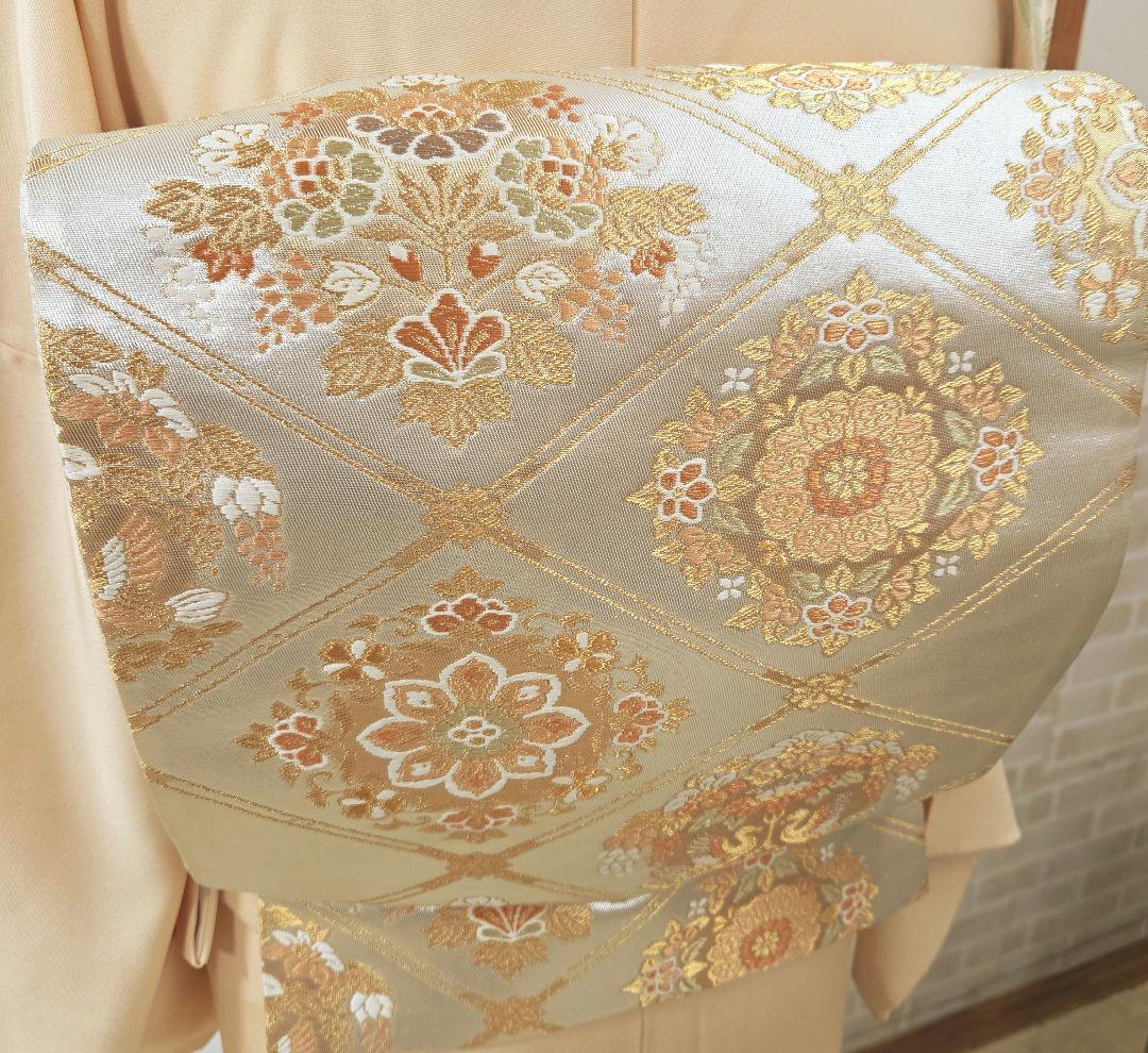 トールサイズ訪問着4点フルセット、着物、袋帯、帯締め、帯揚げ、 ベージュ系