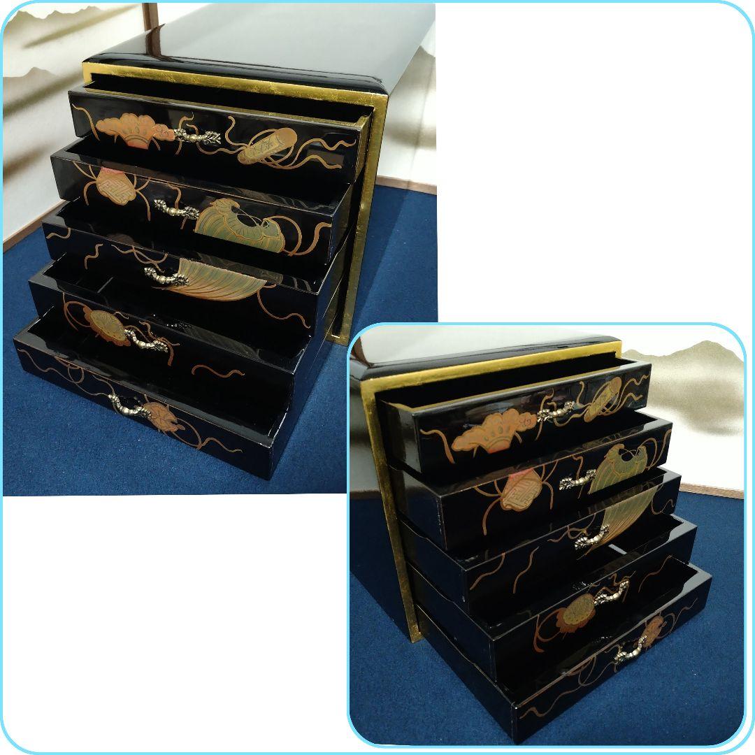 A846 輪島塗 蒔絵 五段引き出し 小箪笥 黒漆箱 仏具 経箱 五帖 経箱