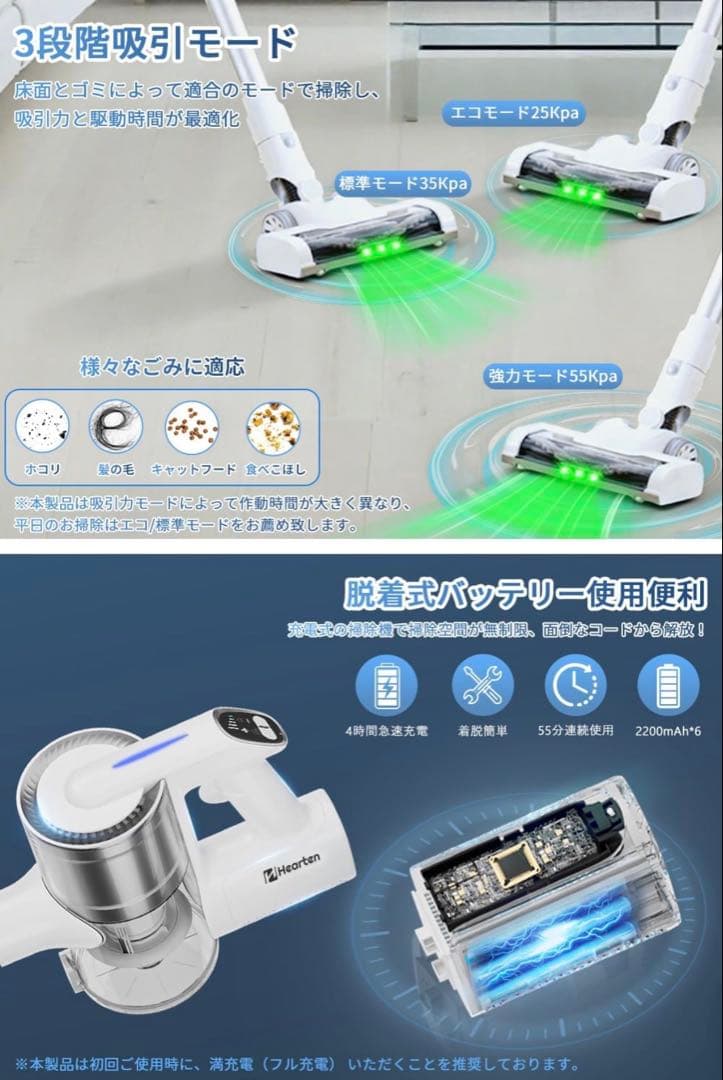 掃除機 【55,000PA超強力吸引・グリーンLEDライト】3段吸引力 ホウイト
