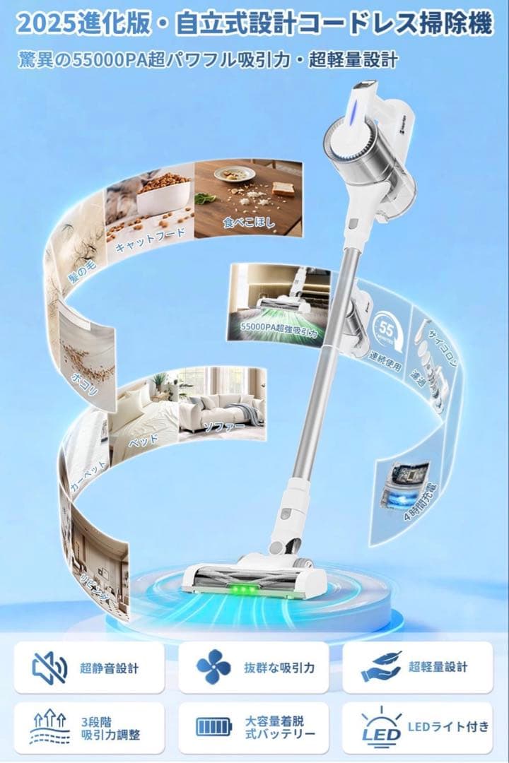 掃除機 【55,000PA超強力吸引・グリーンLEDライト】3段吸引力 ホウイト
