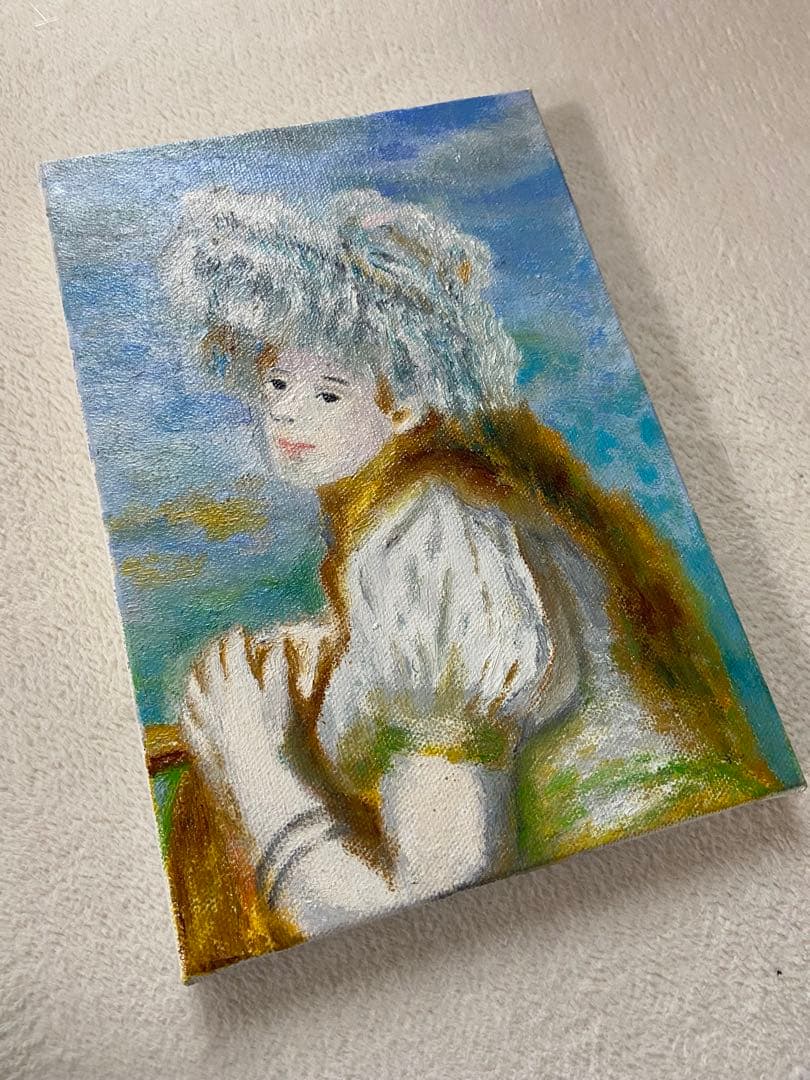 ルノワール　肉筆手描きの油絵模写画　白い帽子をかぶった少女