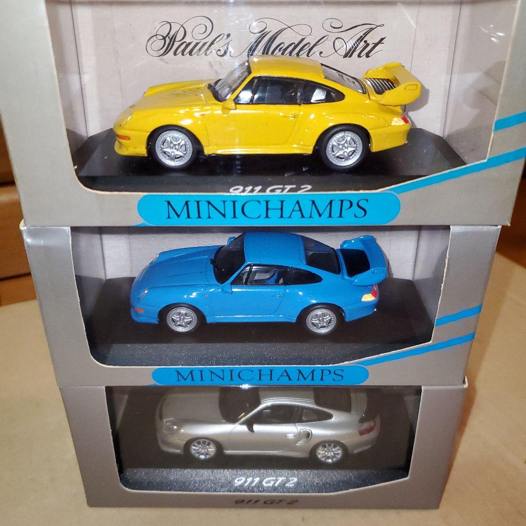 ポルシェ911 GT 2 ミニカー 3台セット、イエロー、ブルー、シルバー、