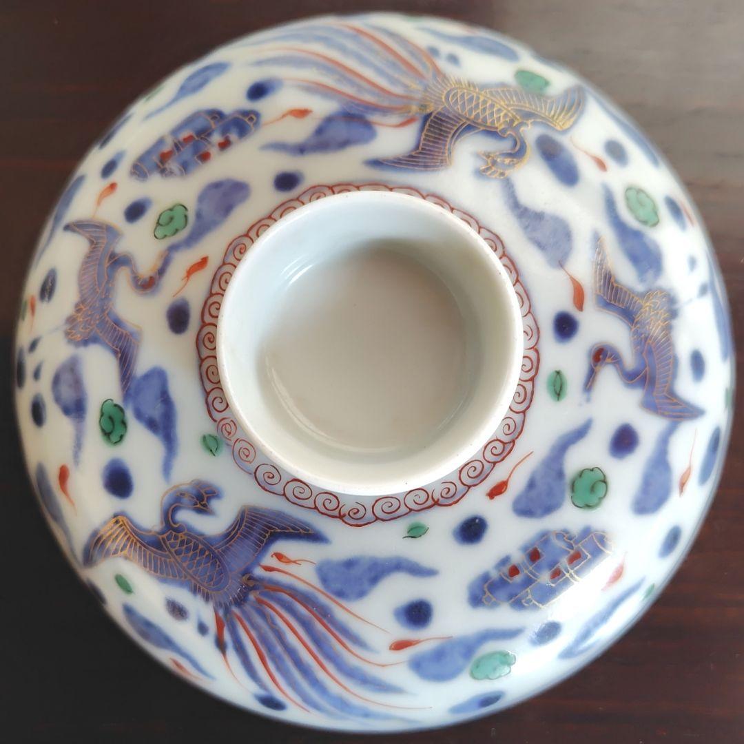 九谷焼　錦絵 金彩 蓋付き茶碗 飯茶碗 茶碗 5客 鳳凰 アンティーク 冬 春