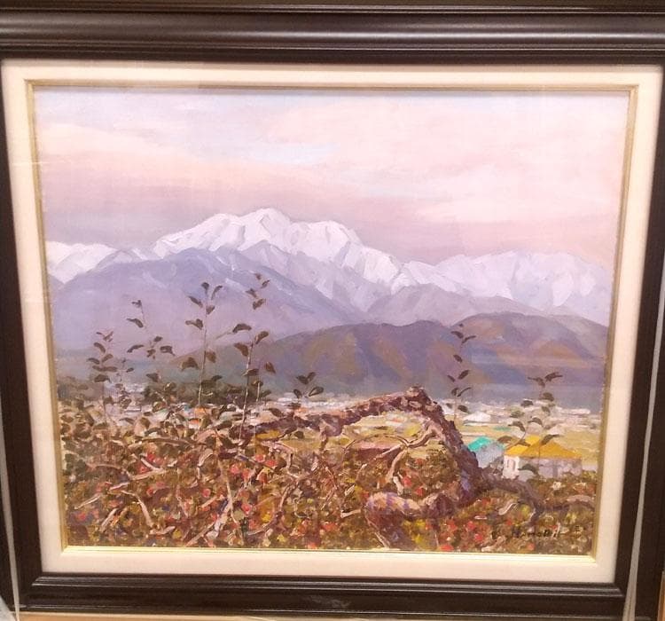 真作油絵　服部保　あずみ野　10号サイズ油絵　サイン裏表あり　額付き