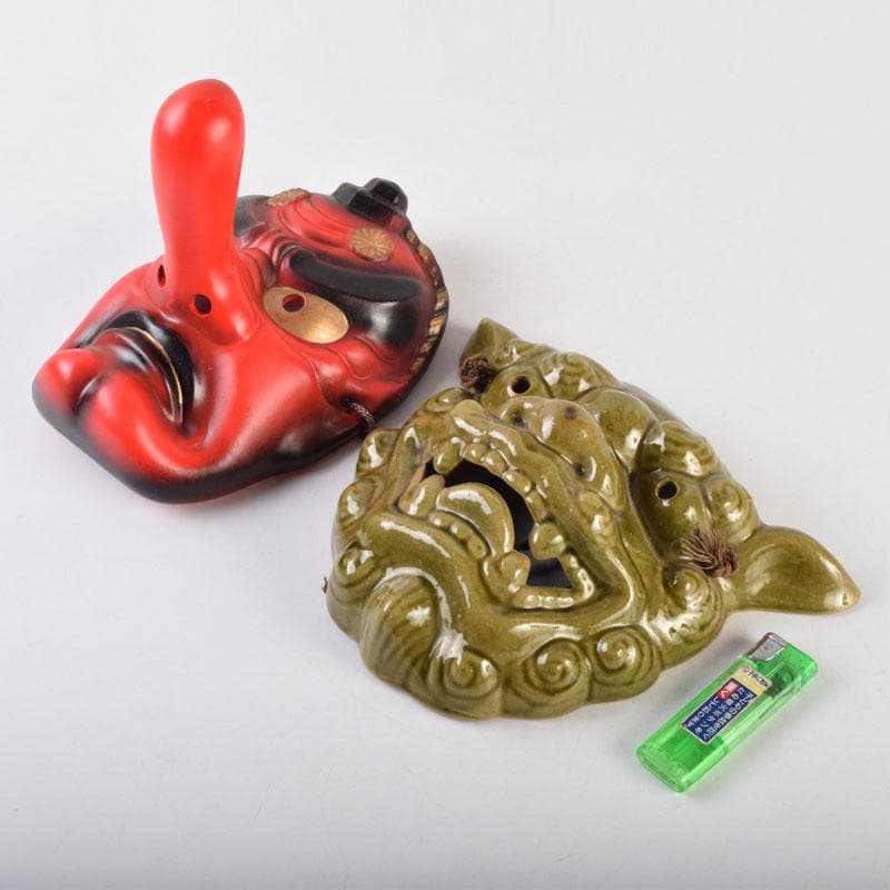 能面　能楽　雅楽　陶器製　獅子　天狗　お面　2点まとめて　N　9081A