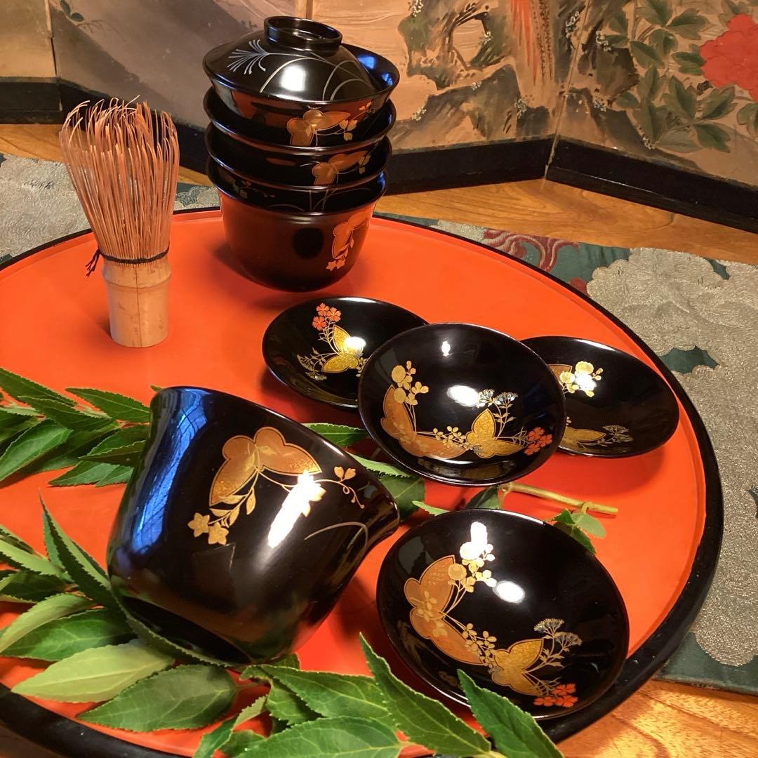 Ａ1019木製輪島塗椀　懐石道具　黒塗　秋草蒔絵　箸洗　小吸い物　　5客