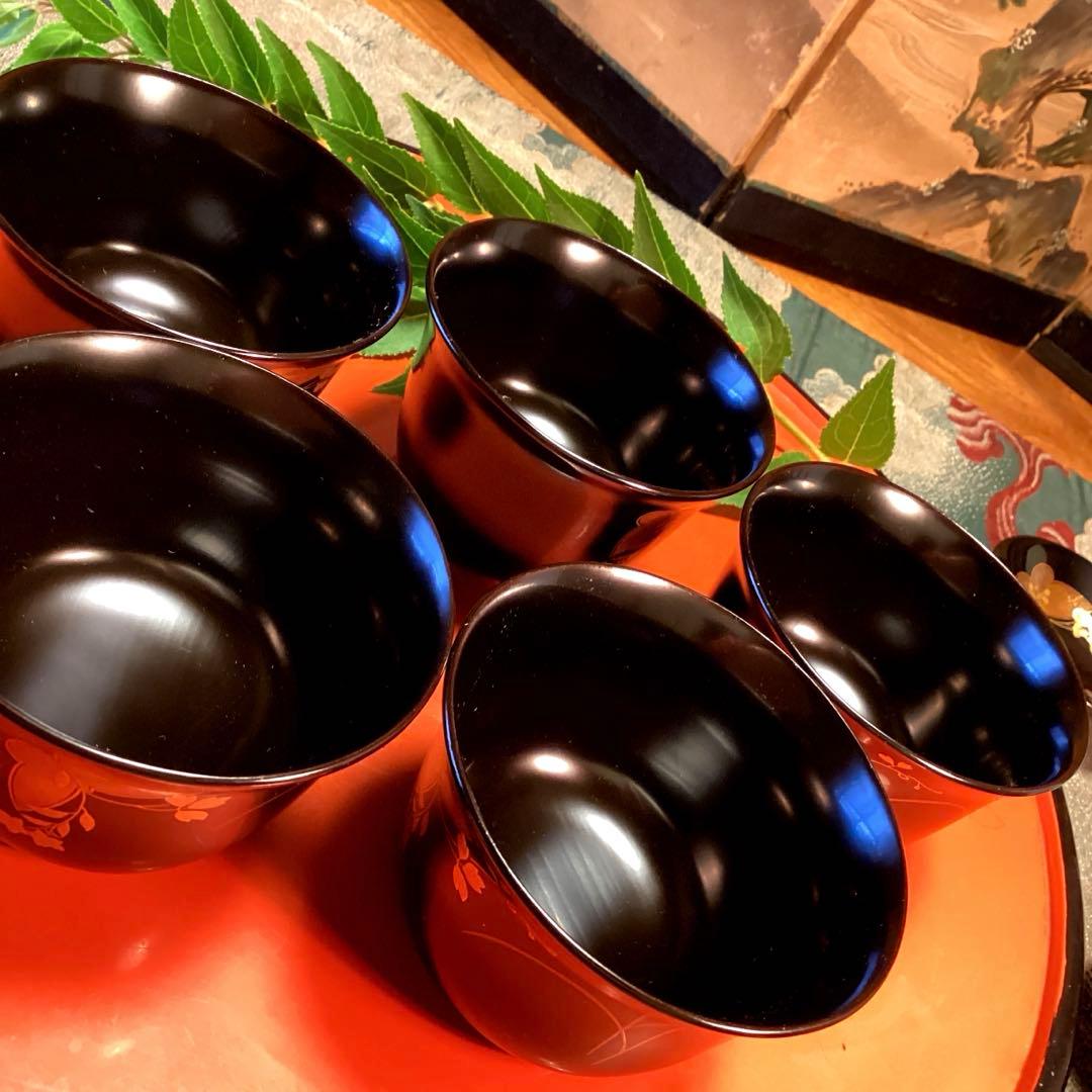 Ａ1019木製輪島塗椀　懐石道具　黒塗　秋草蒔絵　箸洗　小吸い物　　5客