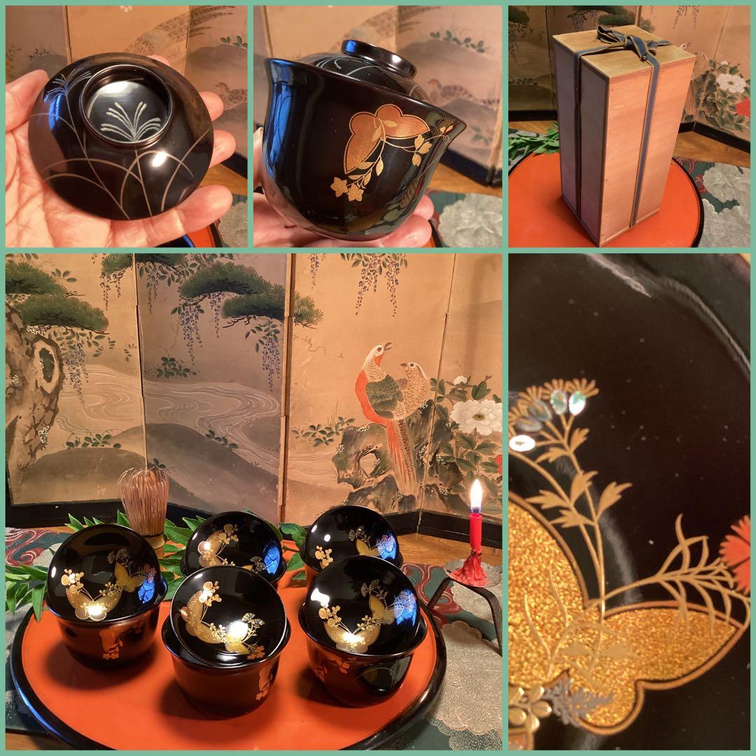 Ａ1019木製輪島塗椀　懐石道具　黒塗　秋草蒔絵　箸洗　小吸い物　　5客