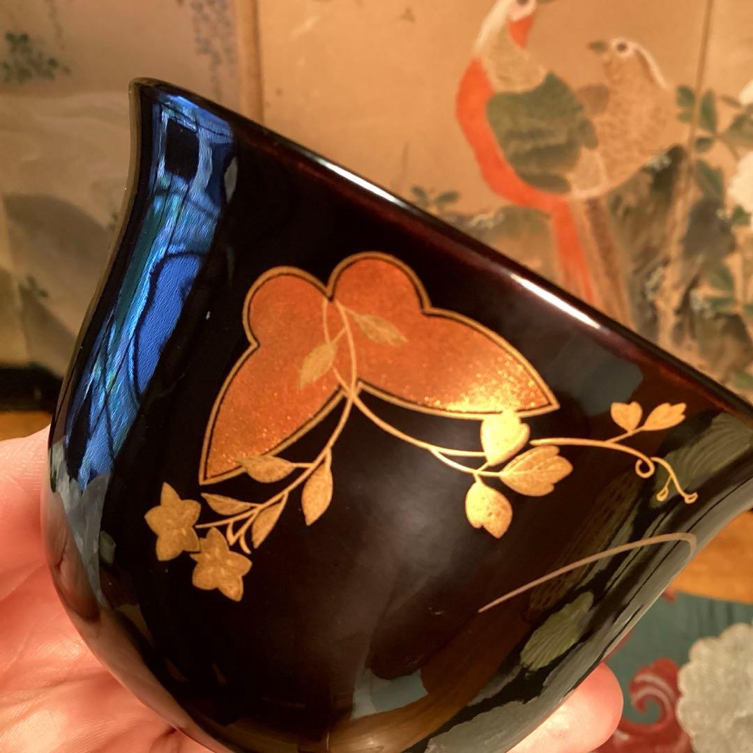 Ａ1019木製輪島塗椀　懐石道具　黒塗　秋草蒔絵　箸洗　小吸い物　　5客