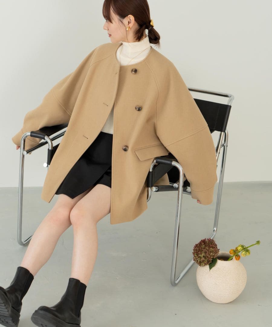 hinari ウェーブデザインミドルコート ベージュ