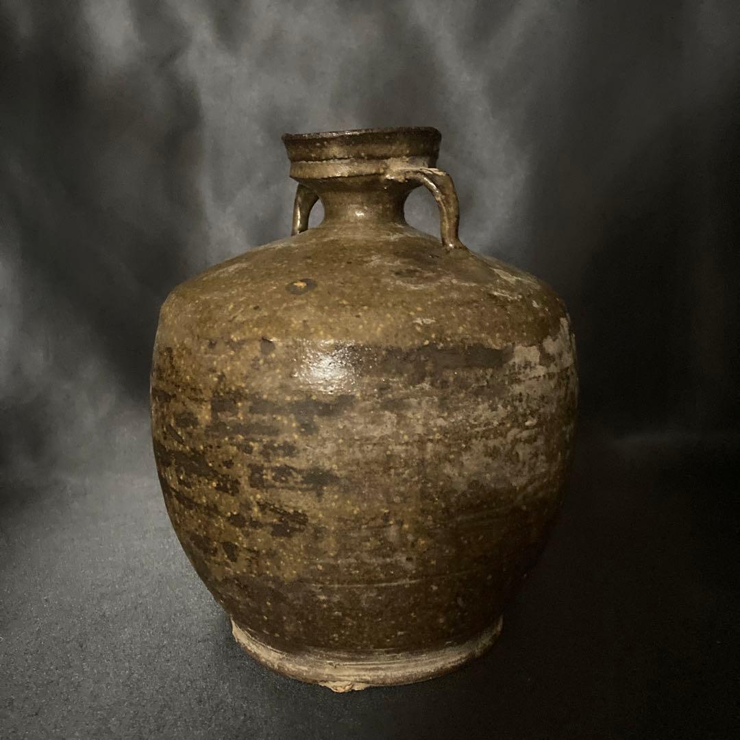 《赤字万博❗️》【三益】中国古美術　建窯藁灰釉双耳付壺（宋時代）【本物保証】