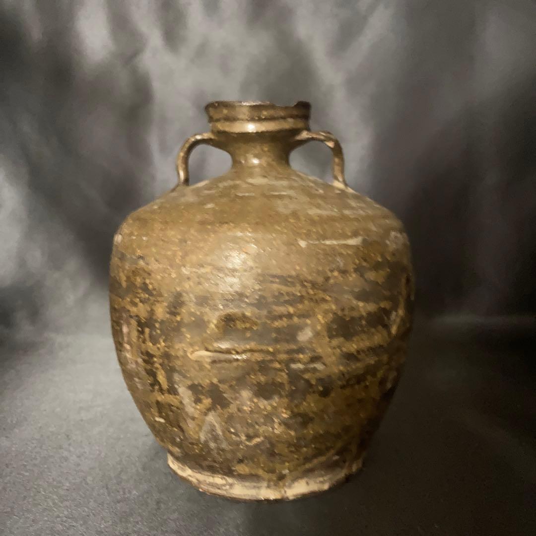 《赤字万博❗️》【三益】中国古美術　建窯藁灰釉双耳付壺（宋時代）【本物保証】