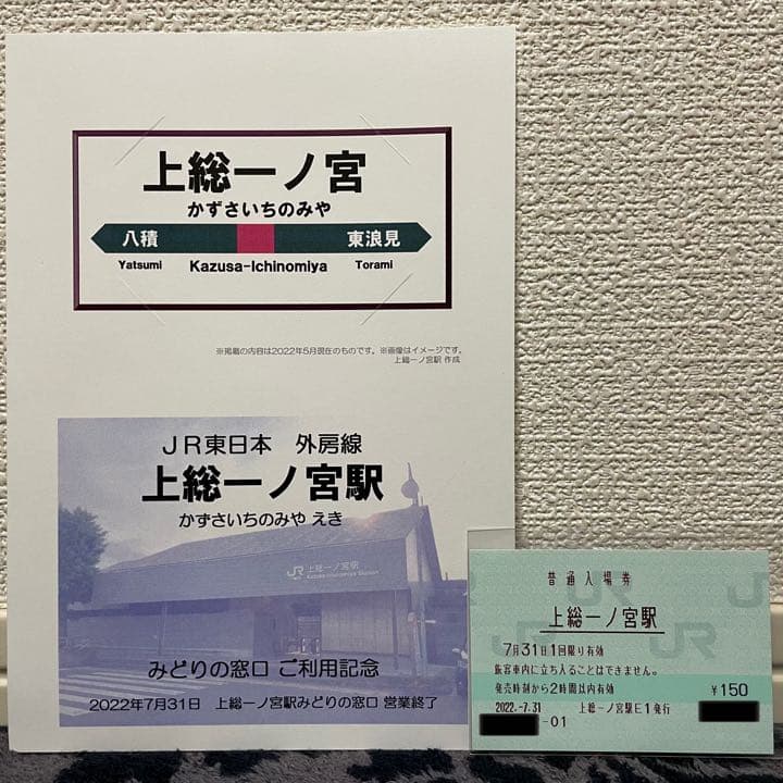 JR東日本 上総一ノ宮駅 マルス入場券 (大)＋記念台紙【窓口最終日】
