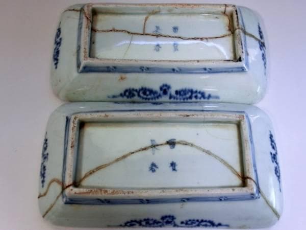 皿■伊万里染付蛸唐草牡丹紋長皿 富責長春 直し有り2客 時代物 骨董(江戸期)■