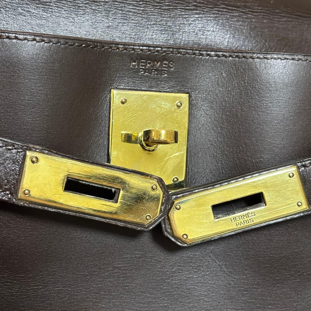 エルメス ケリー28 ルトゥルネ ボックスカーフ ブラウン レザー ハンドバッグ