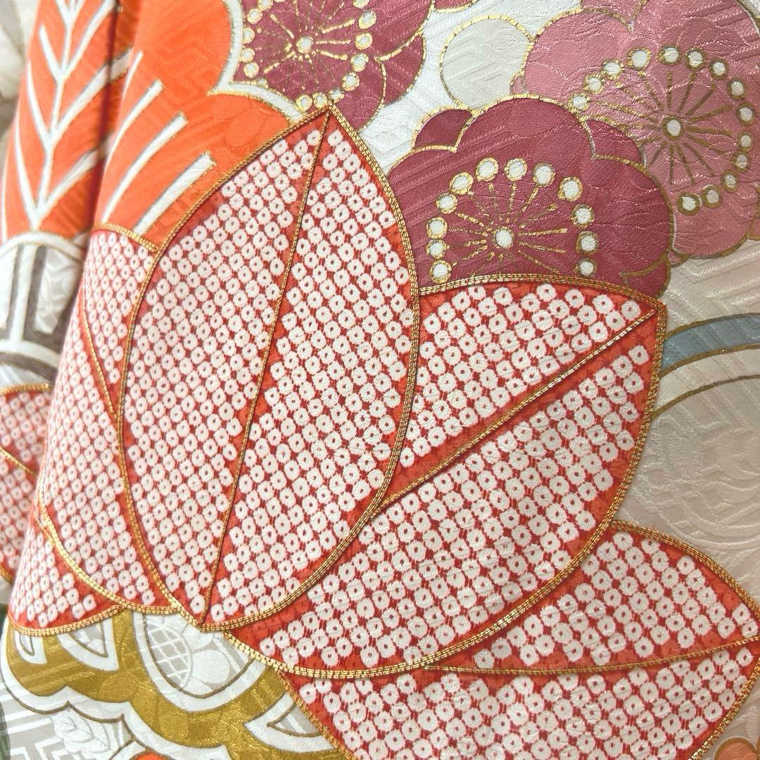 425 振袖フルセット 正絹 オフホワイト 白 金彩 駒刺繍 松竹梅 レトロ