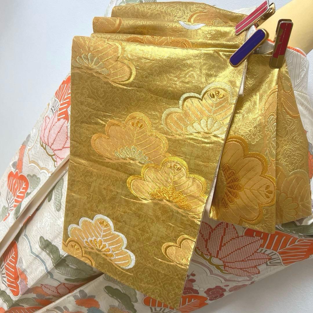 425 振袖フルセット 正絹 オフホワイト 白 金彩 駒刺繍 松竹梅 レトロ