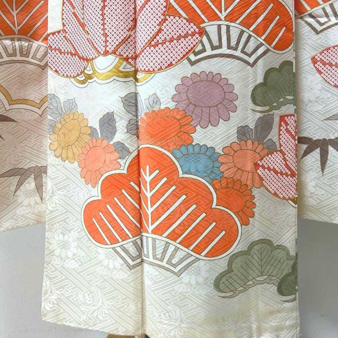 425 振袖フルセット 正絹 オフホワイト 白 金彩 駒刺繍 松竹梅 レトロ