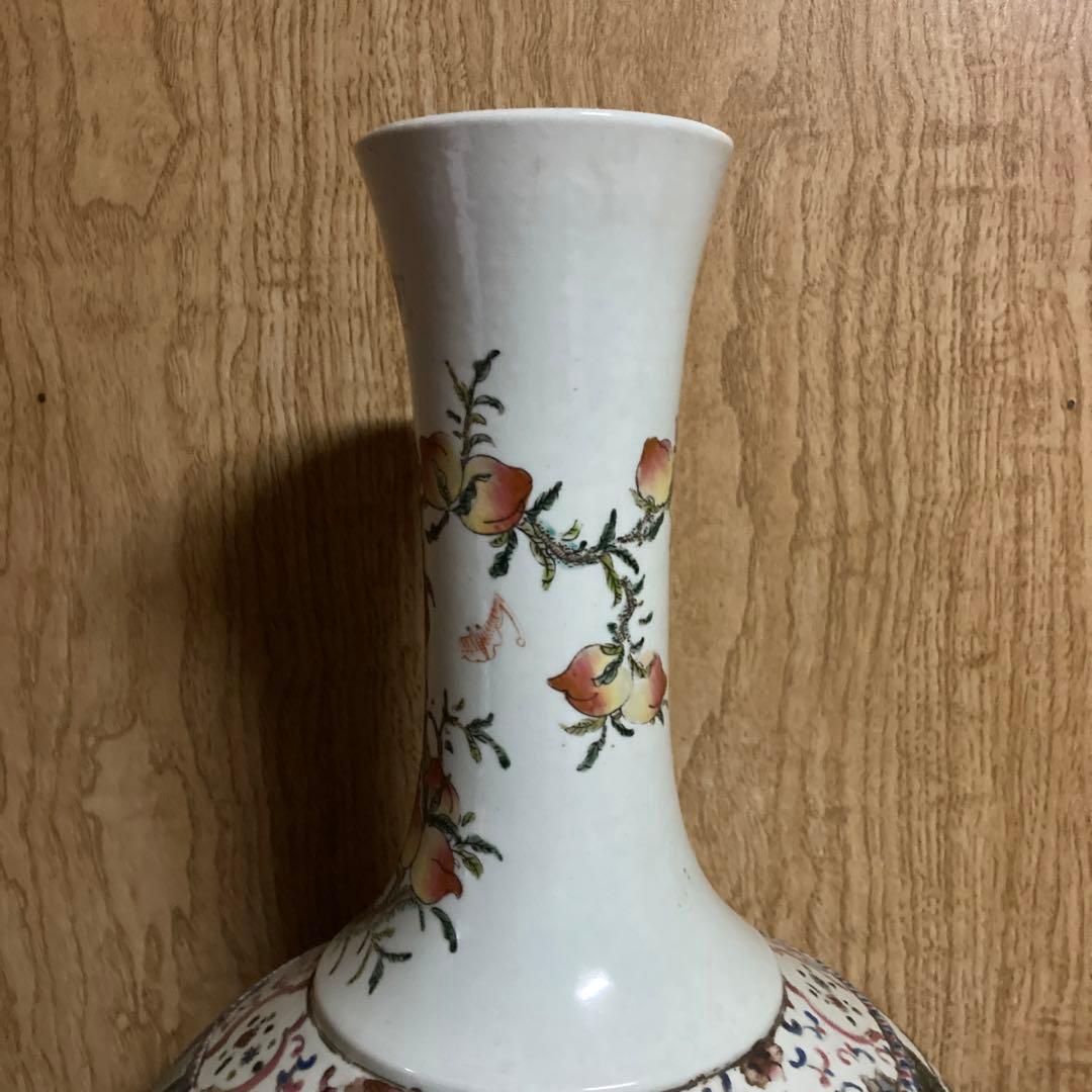 中国　色絵　瓶　天球瓶　鳳凰鶴桃果人物図　大清康熙年製銘