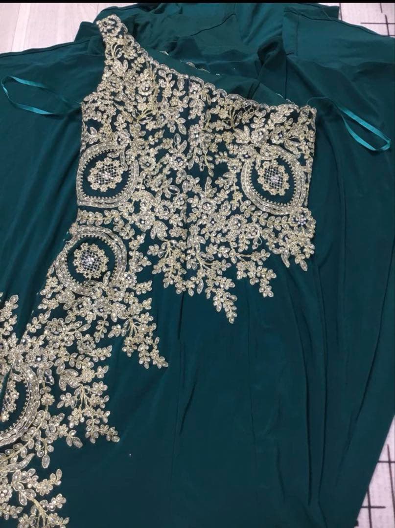 ダークグリーン ワンショルダー パーティードレス