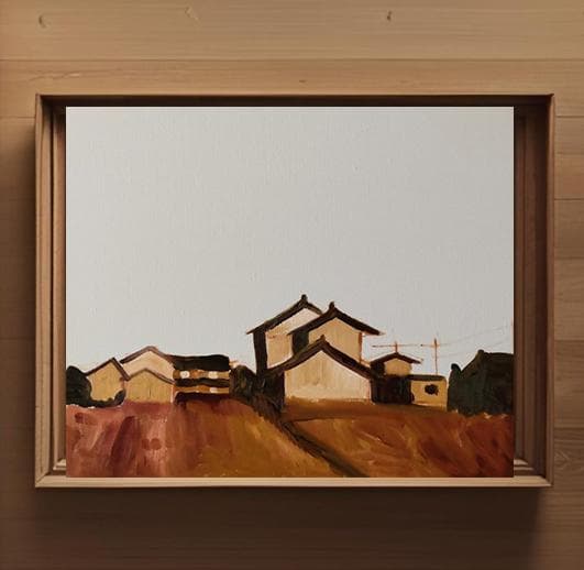 38×46㎝「稲刈り後の田園風景」油彩・原画・F10