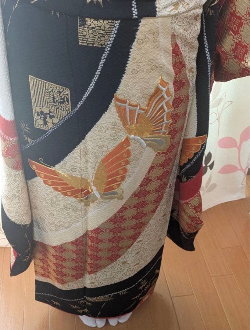 アンティーク振袖㊗️赤黒白 蝶の金駒刺繍 本絞り染め 型染④点セット