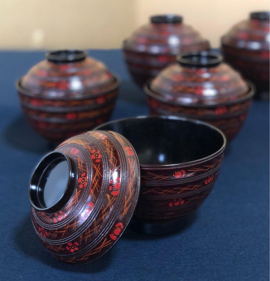 《レ》懐石 梅松葉絵 吸物椀5客 理平造 木製漆器 共箱　251104う3