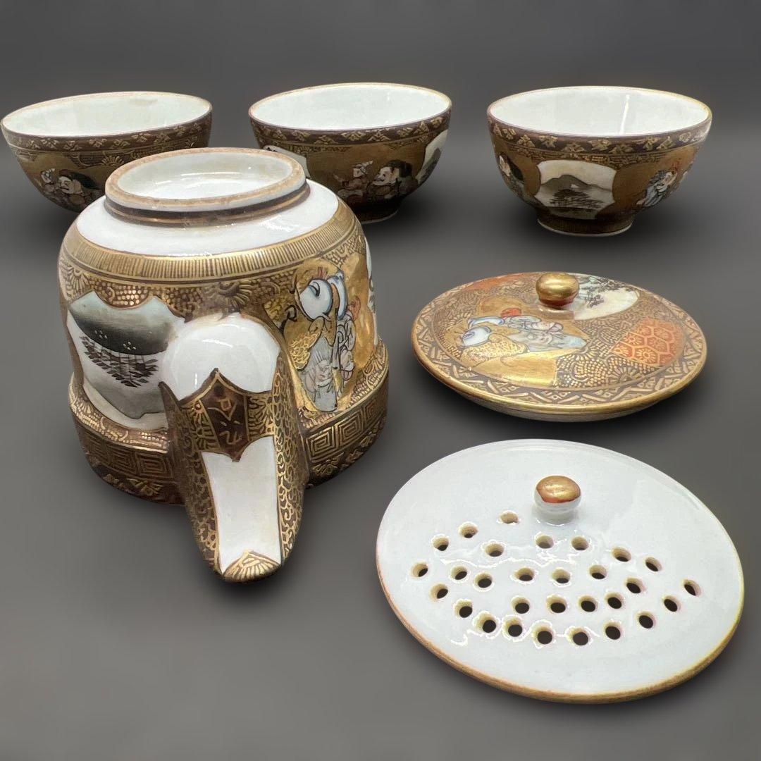 明治時代　金彩山水人物画九谷焼煎茶器セット　宝瓶１点　湯呑み３点まとめて煎茶道具