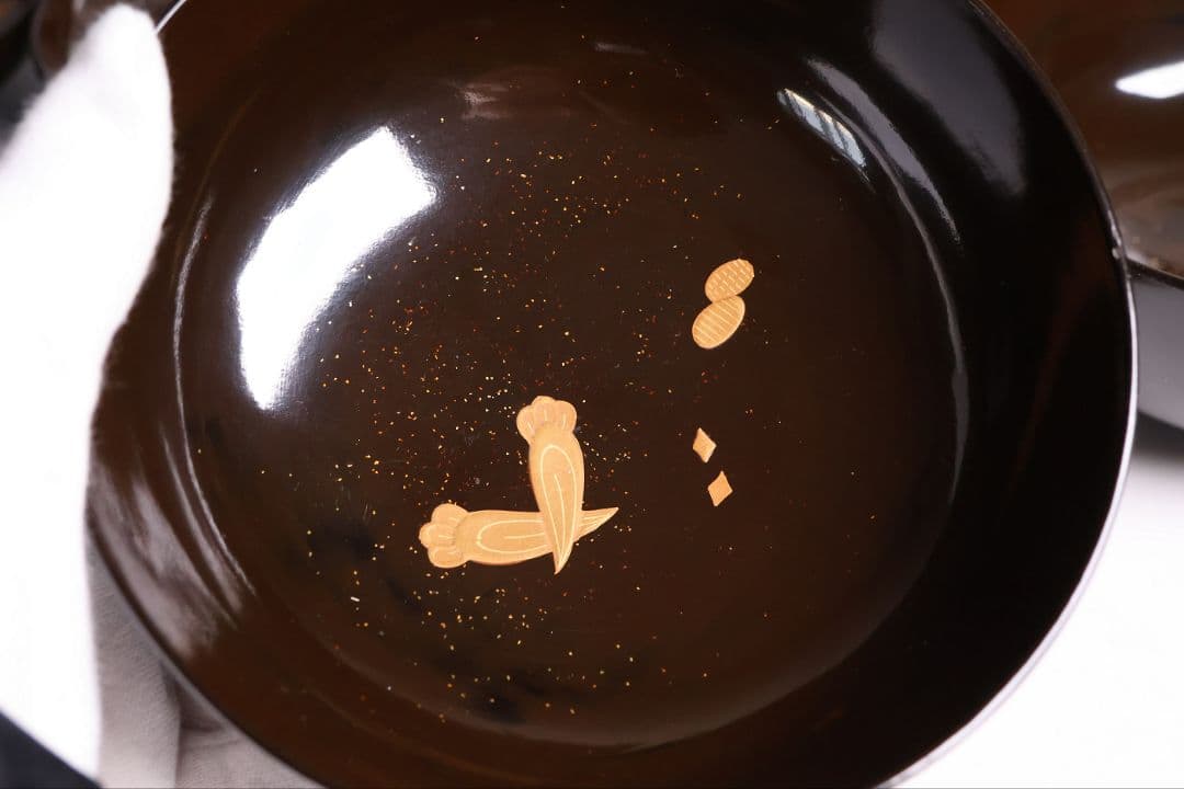【MB192】輪島塗 宝尽くし金蒔絵 黒塗椀 二客 天然木漆塗 大正昭和 茶懐石