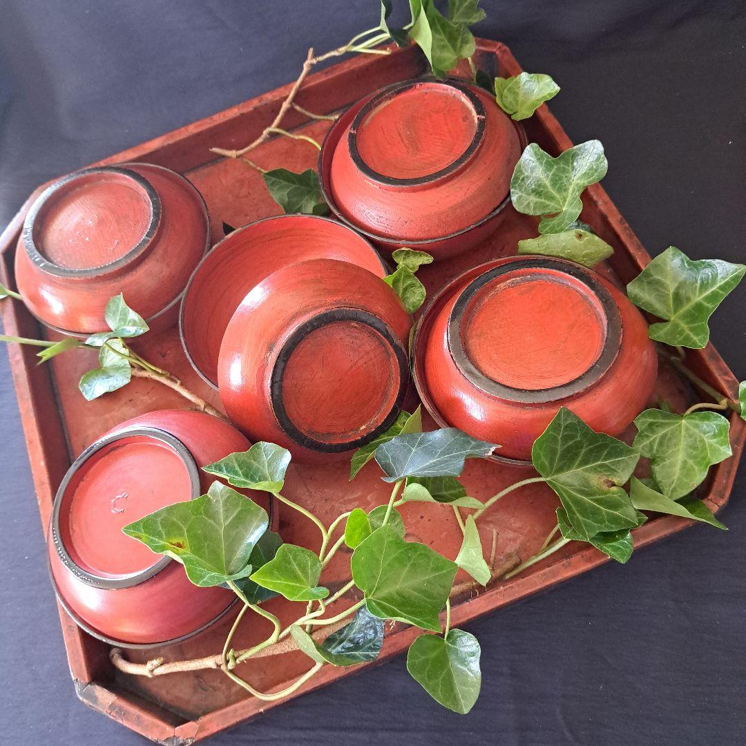 「根来(ねごろ)椀の渋み！」桃山時代？木製漆器(直径12cm) 5個セット 骨董