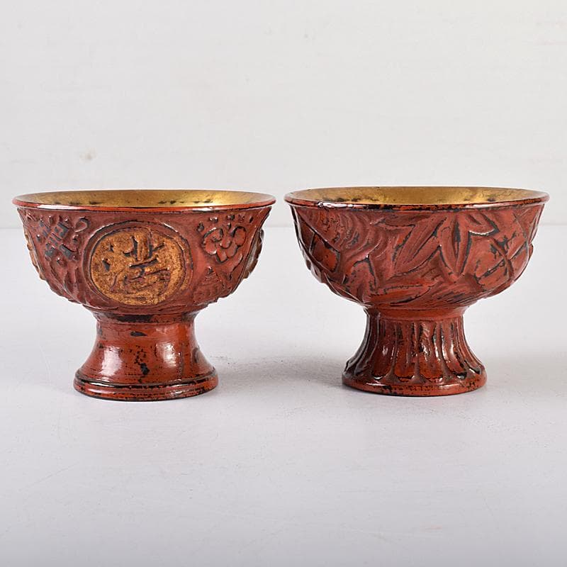 根来塗　朱塗　金彩　紅葉刻　漢詩刻　杯　一對　時代箱付　F　R8032