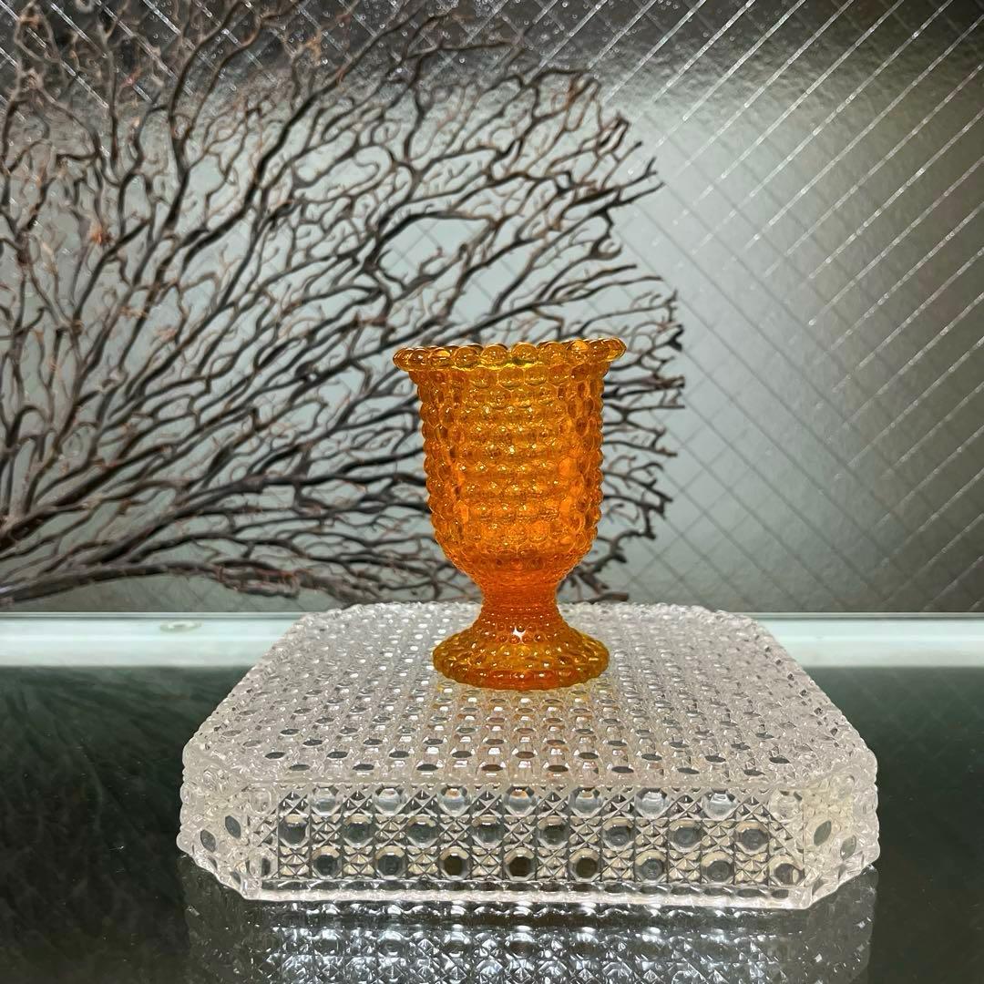 骨董　時代ガラス　希少　橙色　黄色暈し　霰プレス　あられ　氷コップ　ウラン １客