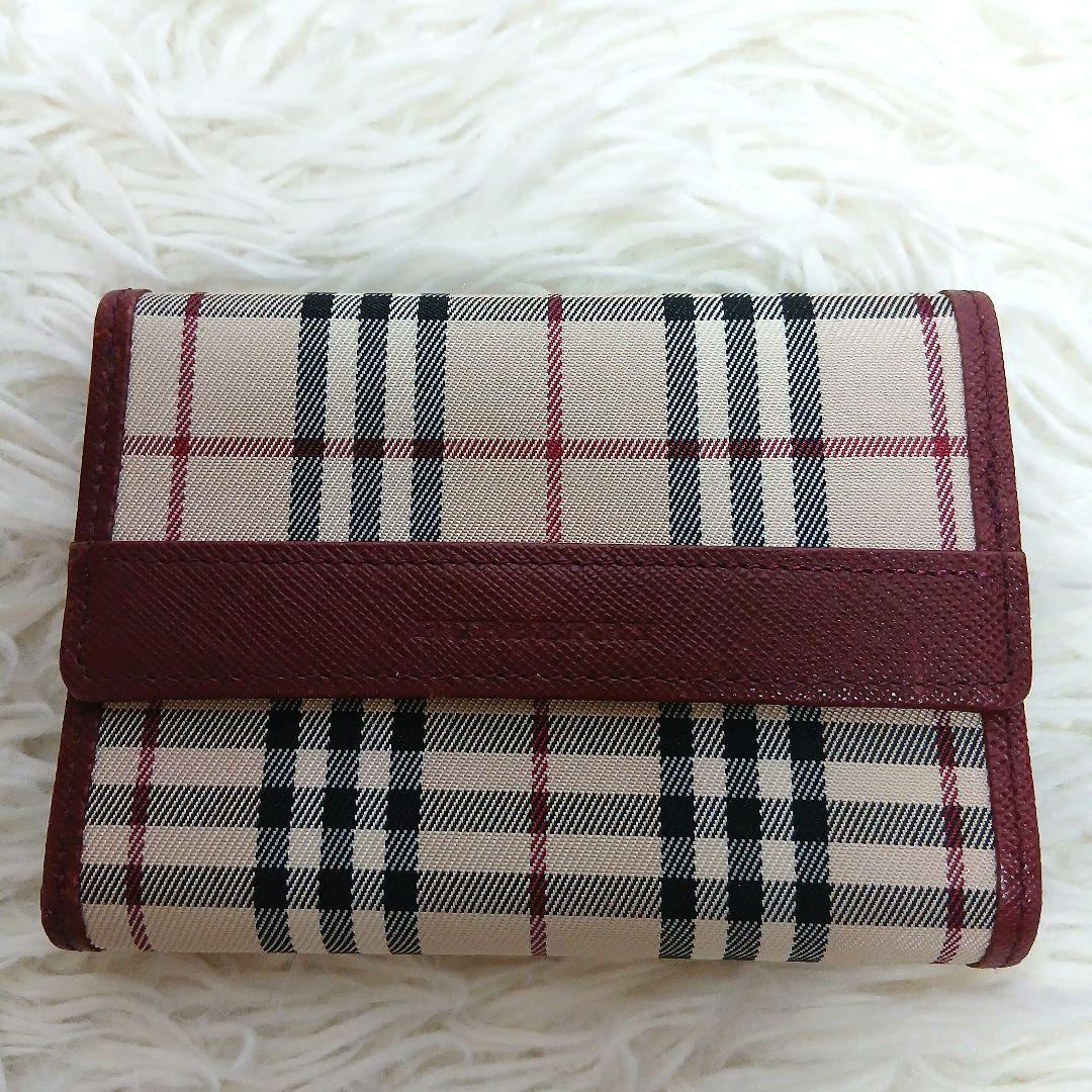 【美品】【BURBERRY】ノバチェック　３つ折り財布　ベージュ　ボルドー