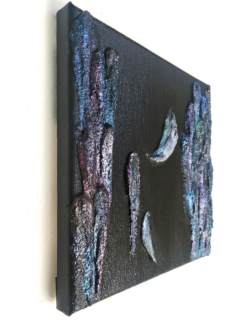 烏の濡れ羽 舞い落ちる テクスチャーアート 18×18㎝ S0 原画1点のみ