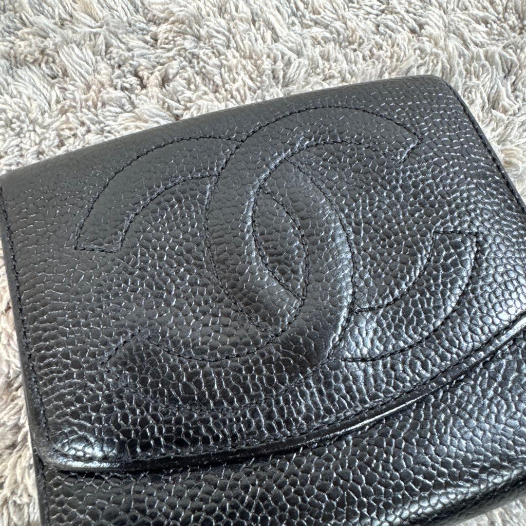 CHANEL シャネル 折り財布 Wホック ココマーク キャビアスキン
