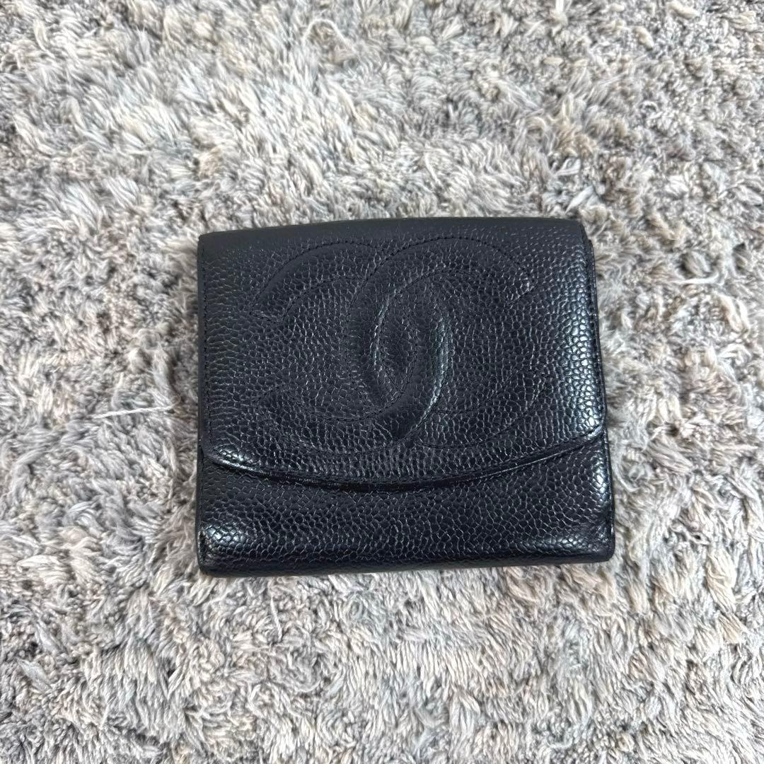 CHANEL シャネル 折り財布 Wホック ココマーク キャビアスキン