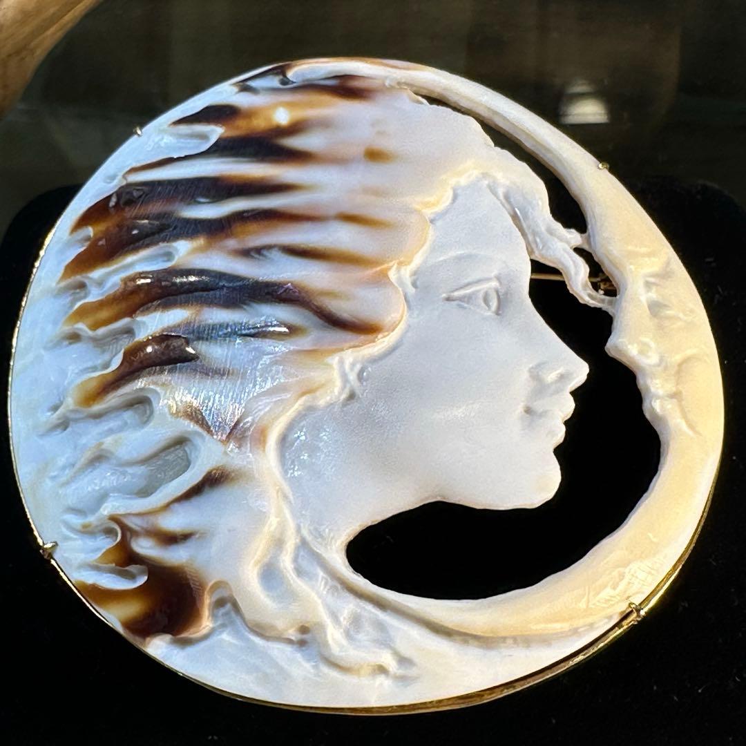 K18 直径7cm月と少女のカメオ ブローチペンダントトップ兼用