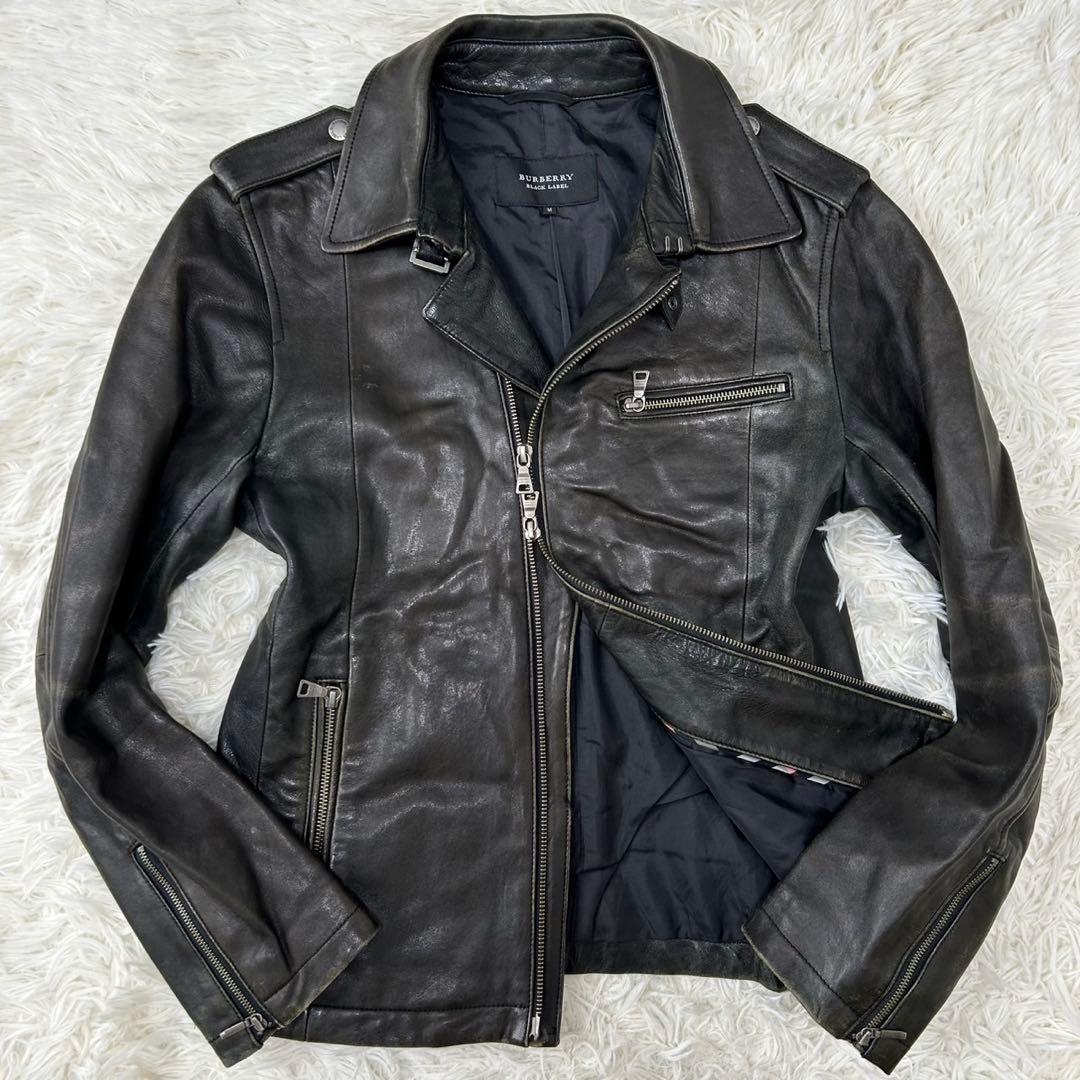 【美品/M】バーバリーブラックレーベル ライダース レザージャケット ラムレザー