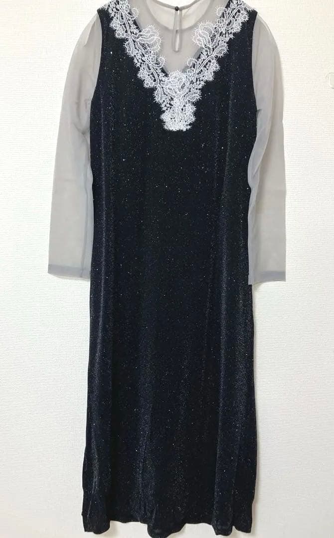 mayu　レジャ　レースネック透け袖スリットキラキラロングドレスワンピース