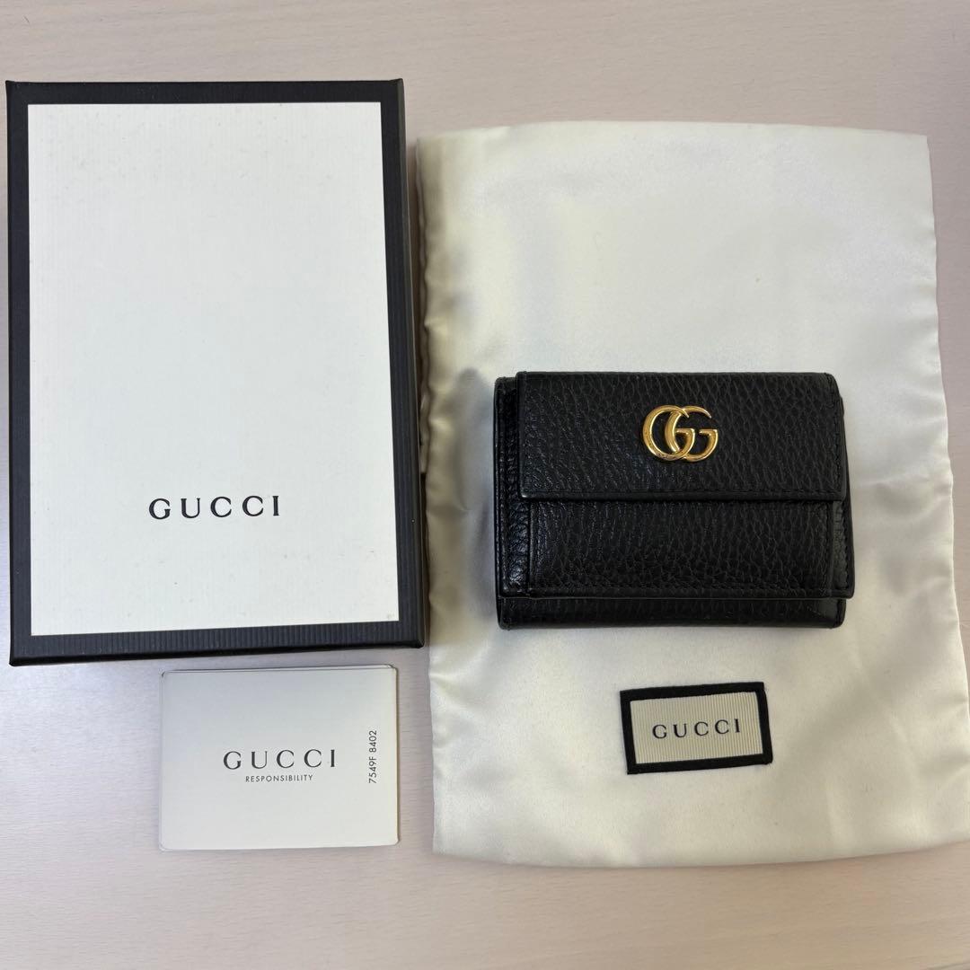 GUCCI　三つ折り財布　マーモント　GG　レザー　ブラック