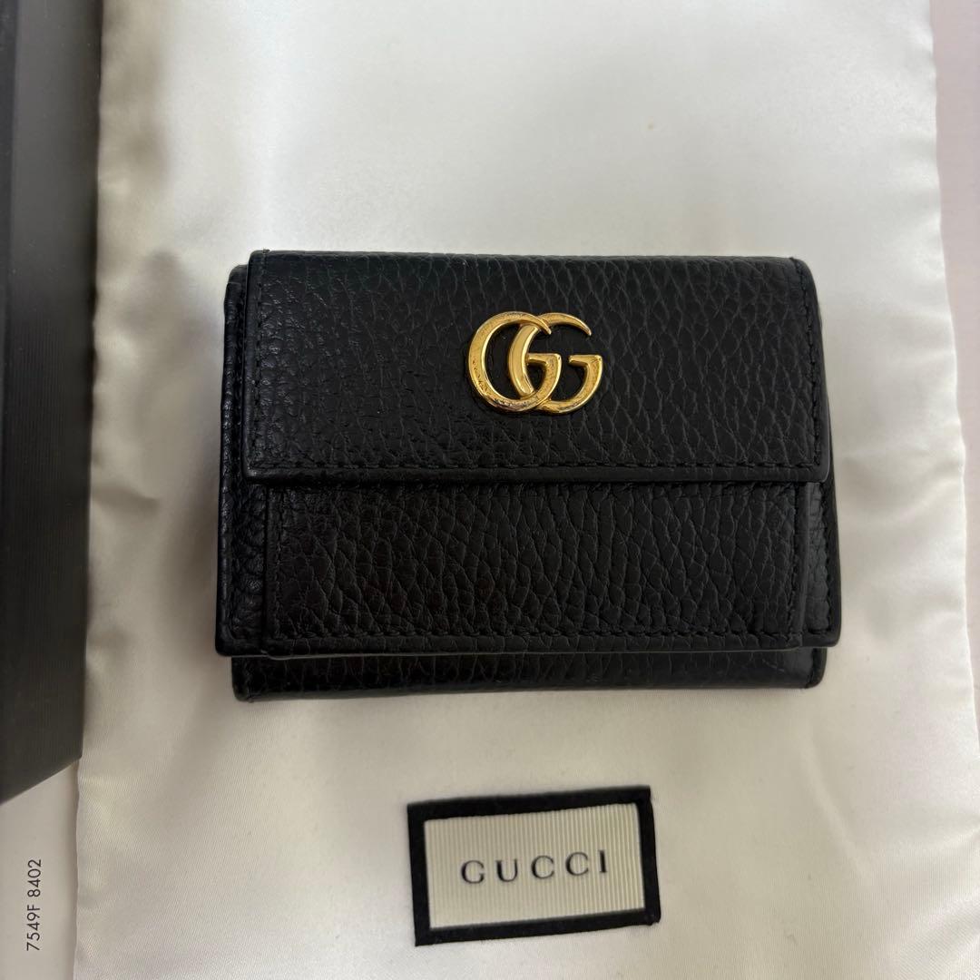 GUCCI　三つ折り財布　マーモント　GG　レザー　ブラック
