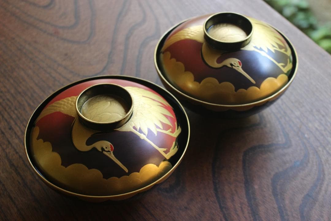 時代逸品！時代金縁黒漆に極上日の出鶴蒔絵の映えるお椀2点（検輪島塗蒔絵椀雑煮椀