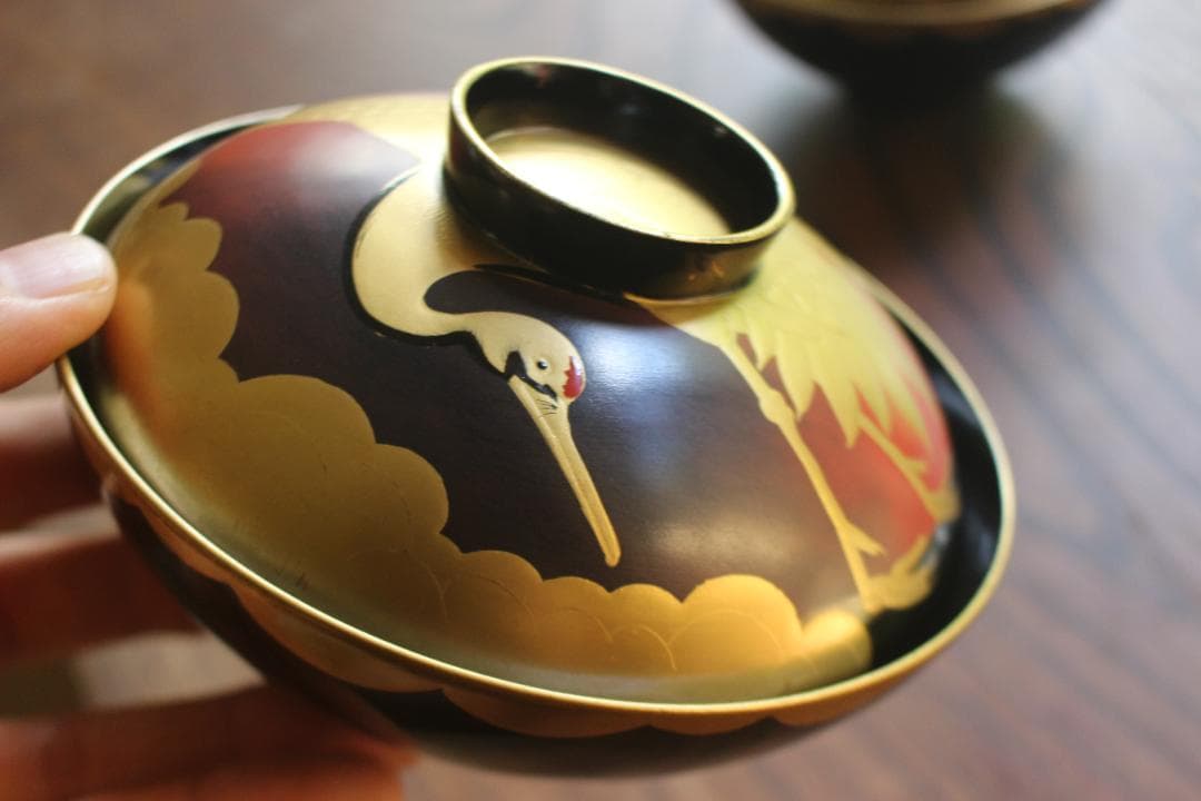 時代逸品！時代金縁黒漆に極上日の出鶴蒔絵の映えるお椀2点（検輪島塗蒔絵椀雑煮椀