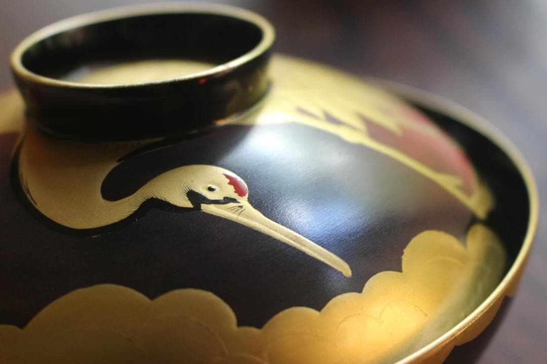 時代逸品！時代金縁黒漆に極上日の出鶴蒔絵の映えるお椀2点（検輪島塗蒔絵椀雑煮椀