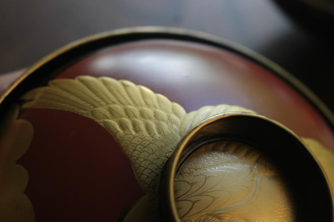 時代逸品！時代金縁黒漆に極上日の出鶴蒔絵の映えるお椀2点（検輪島塗蒔絵椀雑煮椀