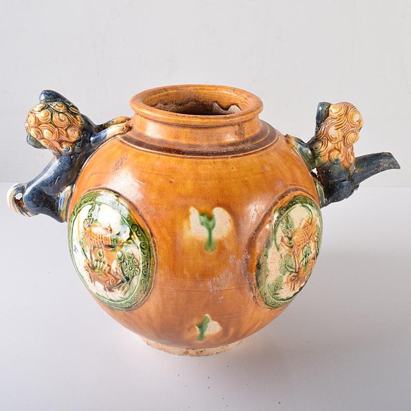 中国　唐三彩　獅子取手　獅子口　執壷　水注　V　R8340B