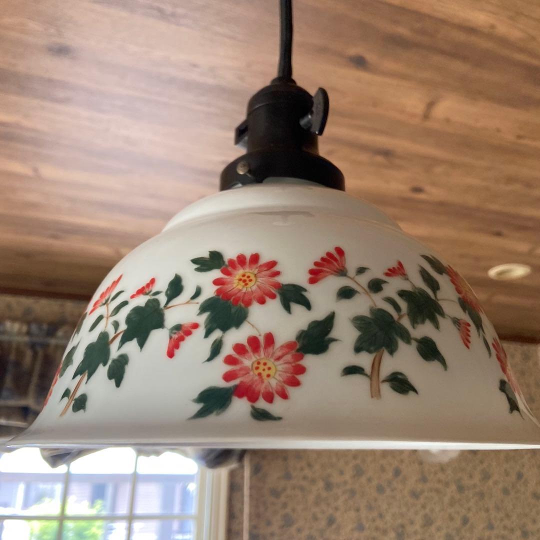 アンティーク照明　電笠　花柄絵付　磁器シェード　ペンダントライト