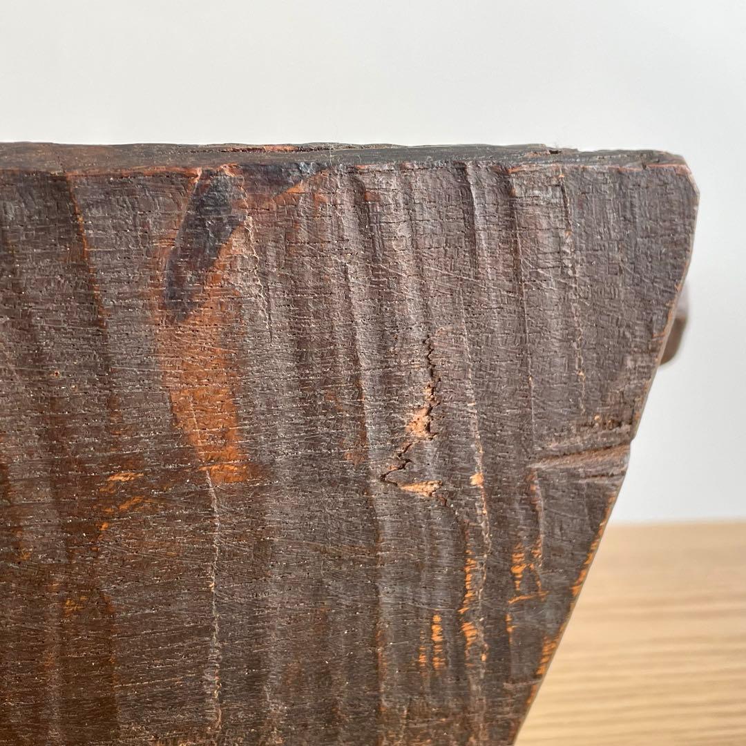 アンティーク 民藝 木工 把手付臼 花器 ブロカント インド FOLK ART