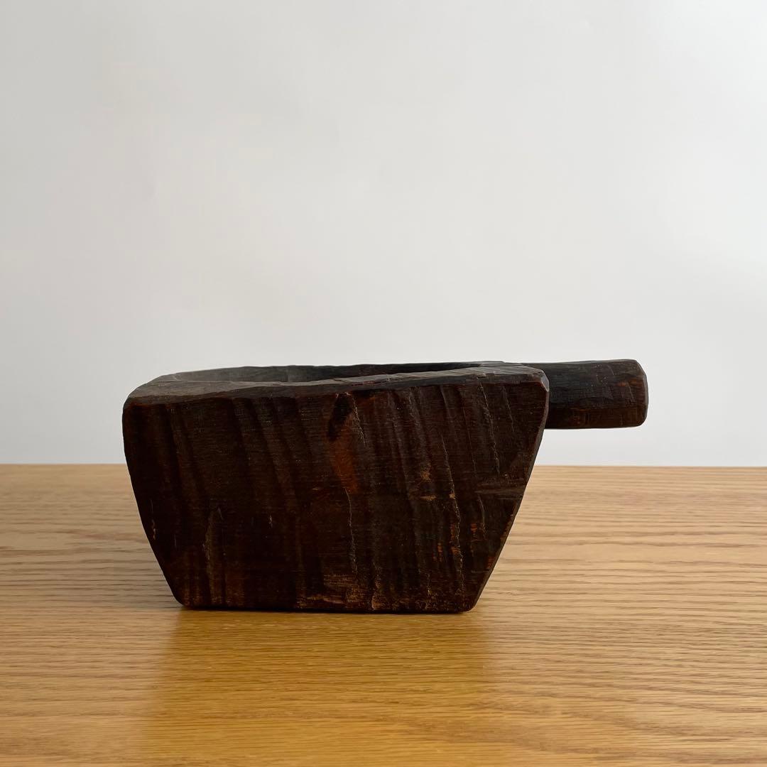アンティーク 民藝 木工 把手付臼 花器 ブロカント インド FOLK ART